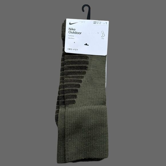 Nike Outdoor Cushioned Wool Blend Dri-Fit Olive Green Crew Sock M8-12 FD8472-222 - Picture 1 of 6